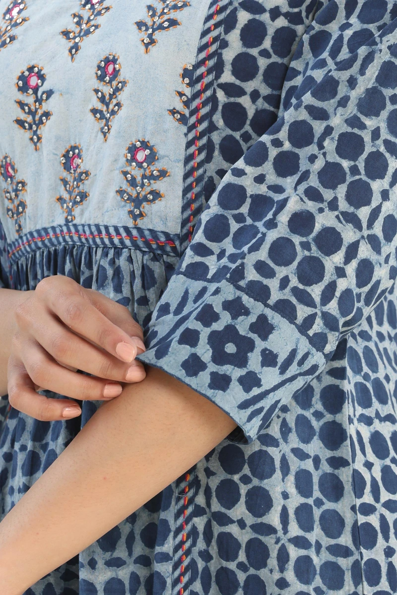Indigo Hand Block Printed Cotton A-Line Kurta