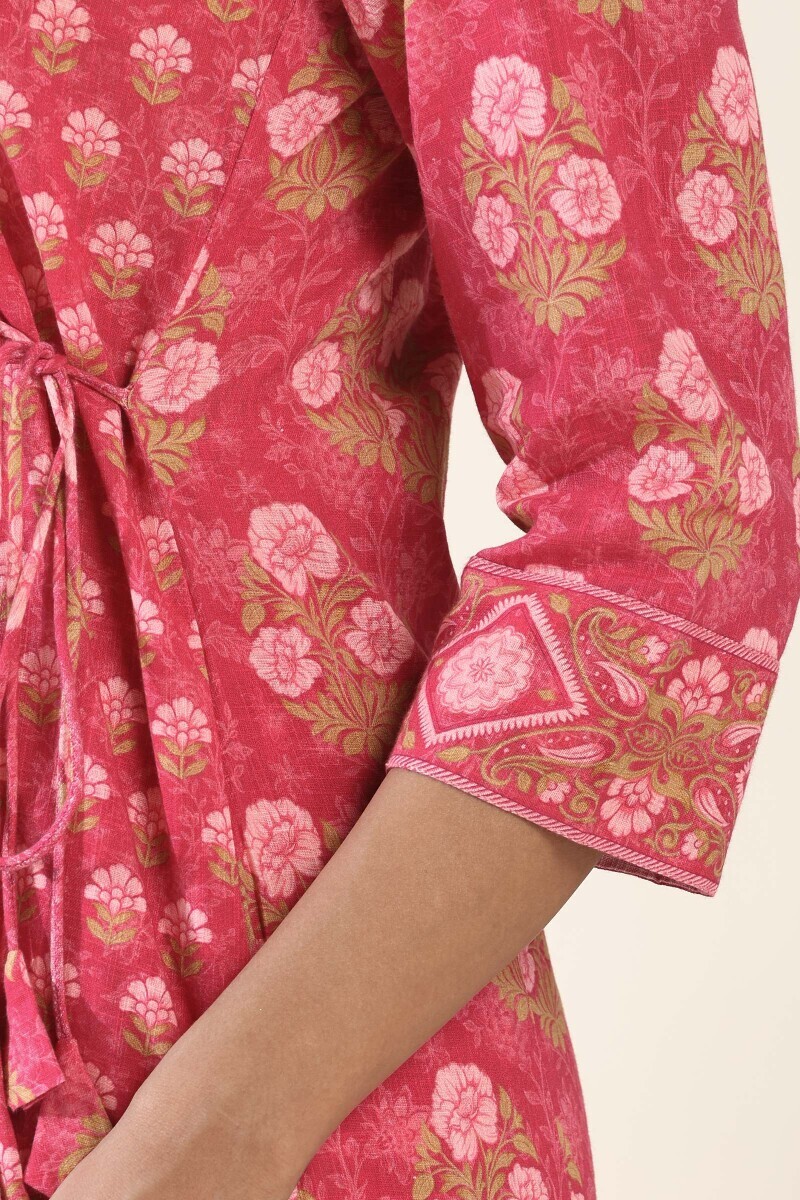 Pink Printed Angrakha Cotton Slub Kurta