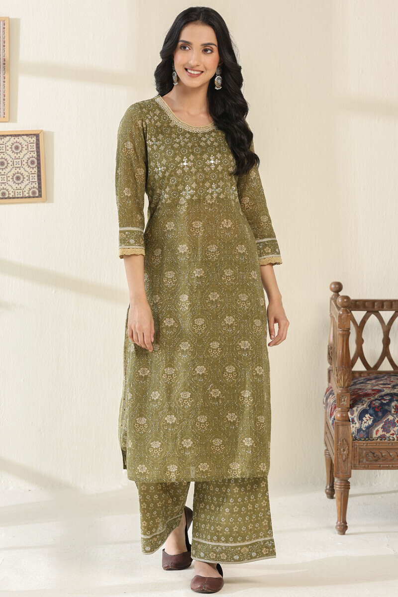 Green Hand Block Printed Straight Cotton Kurta