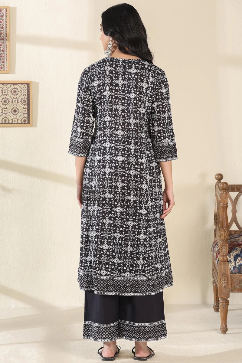 Black Hand Printed A-Line Cotton Dobby Kurta