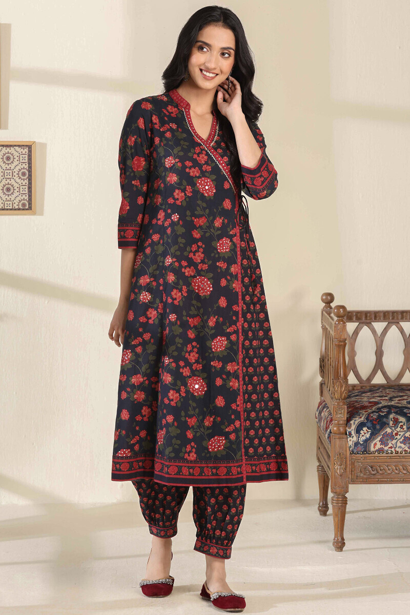 Black Printed Cotton Angrakha Kurta
