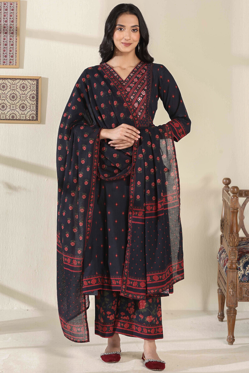 Black Printed A-Line Cotton Kurta