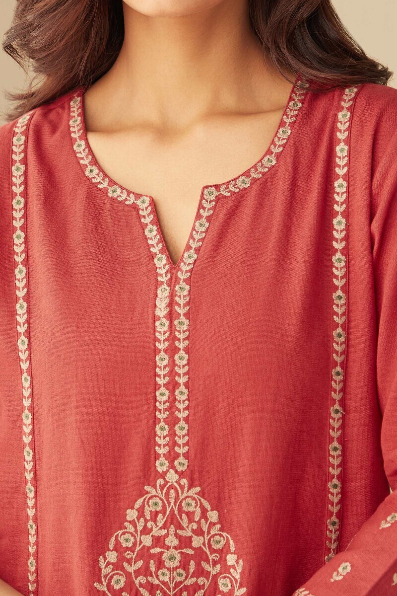 Red Handcrafted Straight Cotton Flax Kurta