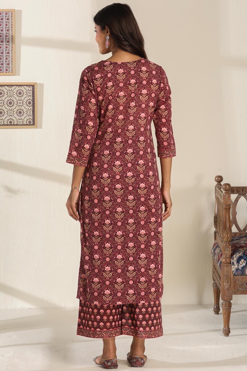 Brown Printed Straight Cotton Slub Kurta