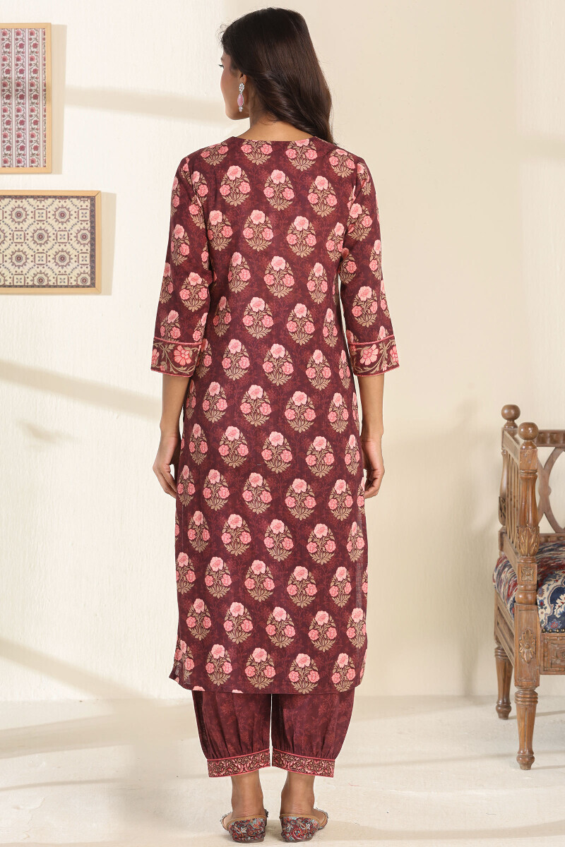 Brown Printed Straight Cotton Slub Kurta