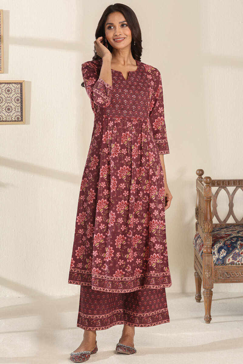 Purple Hand Printed A-Line Cotton Slub Kurta
