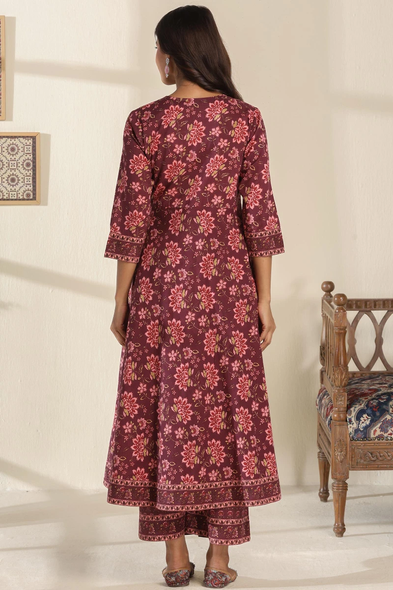 Purple Hand Printed Angrakha Cotton Slub Kurta