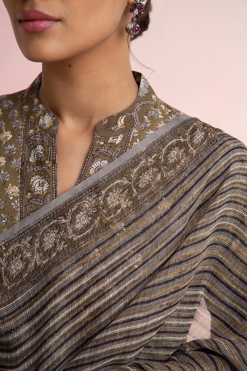 Grey Block Printed Kota Dupatta