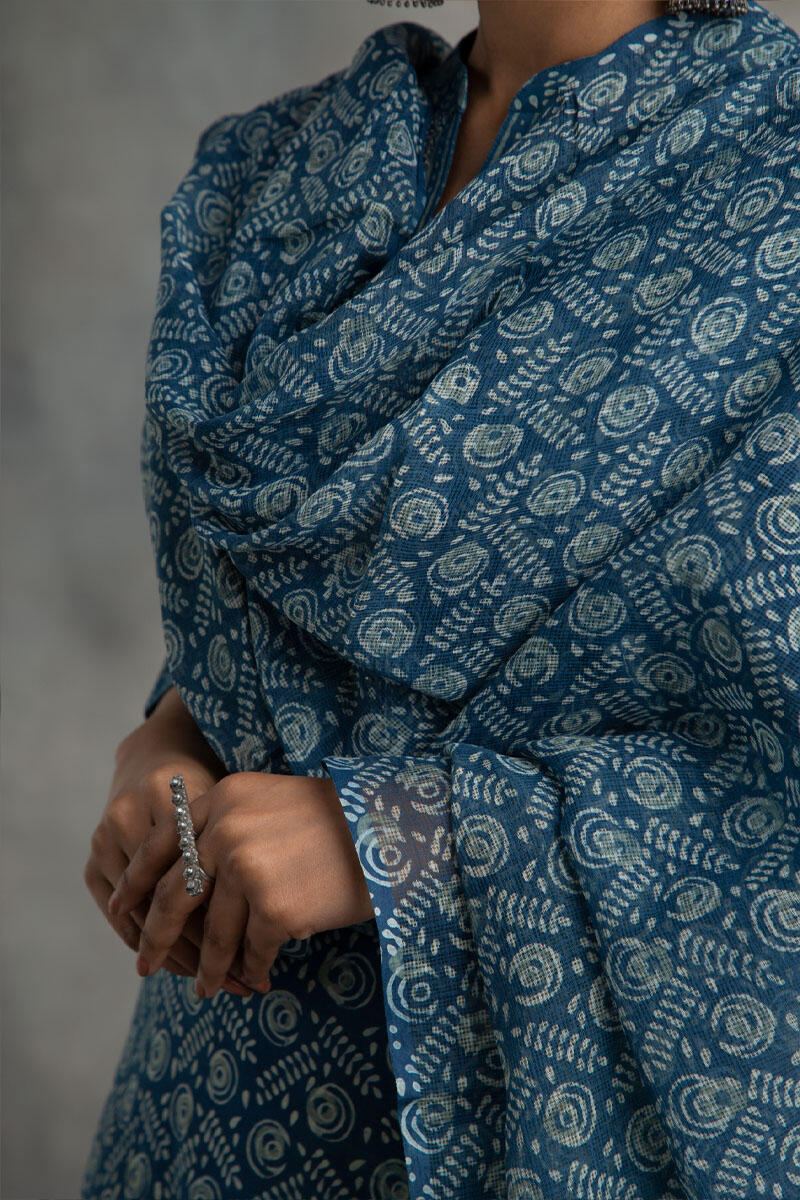 Blue Block Printed Kota Dupatta