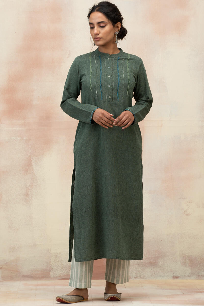 Green Handcrafted Straight Cotton Kurta