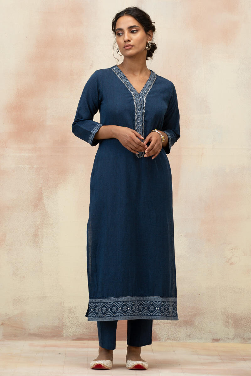 Blue Handcrafted Straight Cotton Kurta