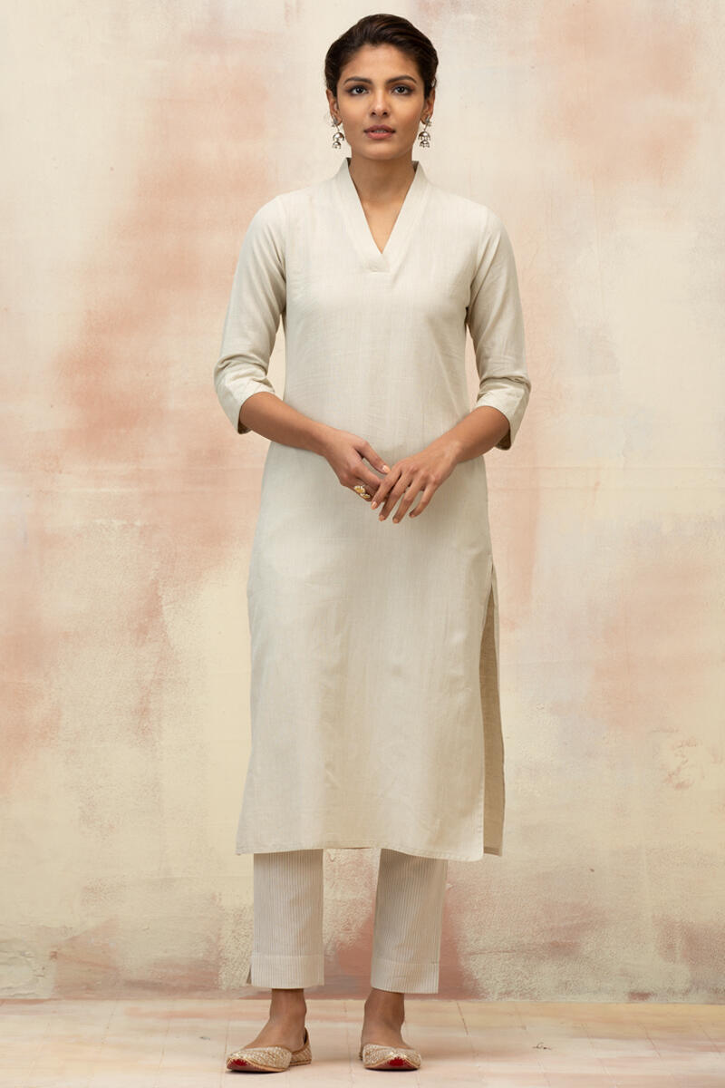 Beige Handcrafted Straight Cotton Kurta