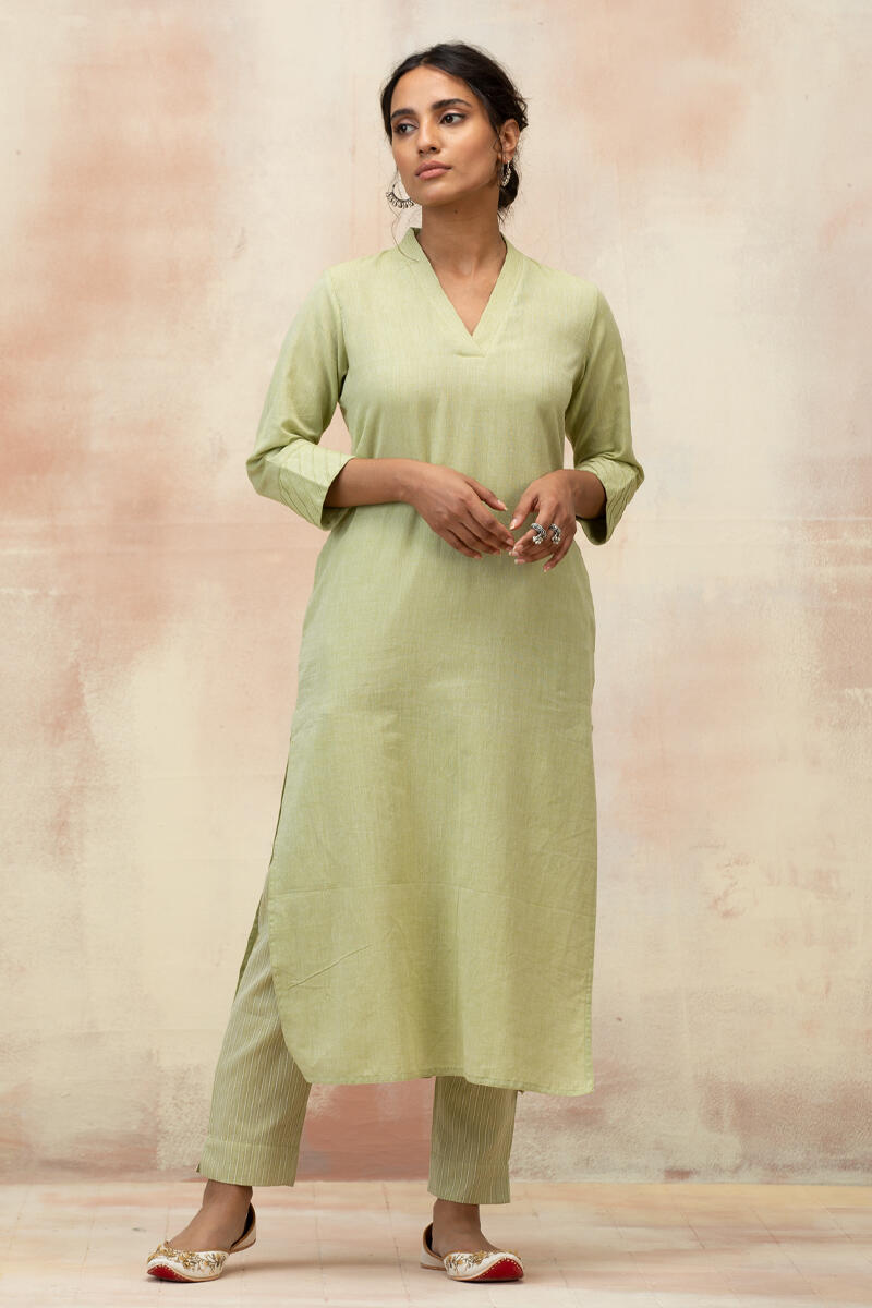 Green Handcrafted Straight Cotton Kurta
