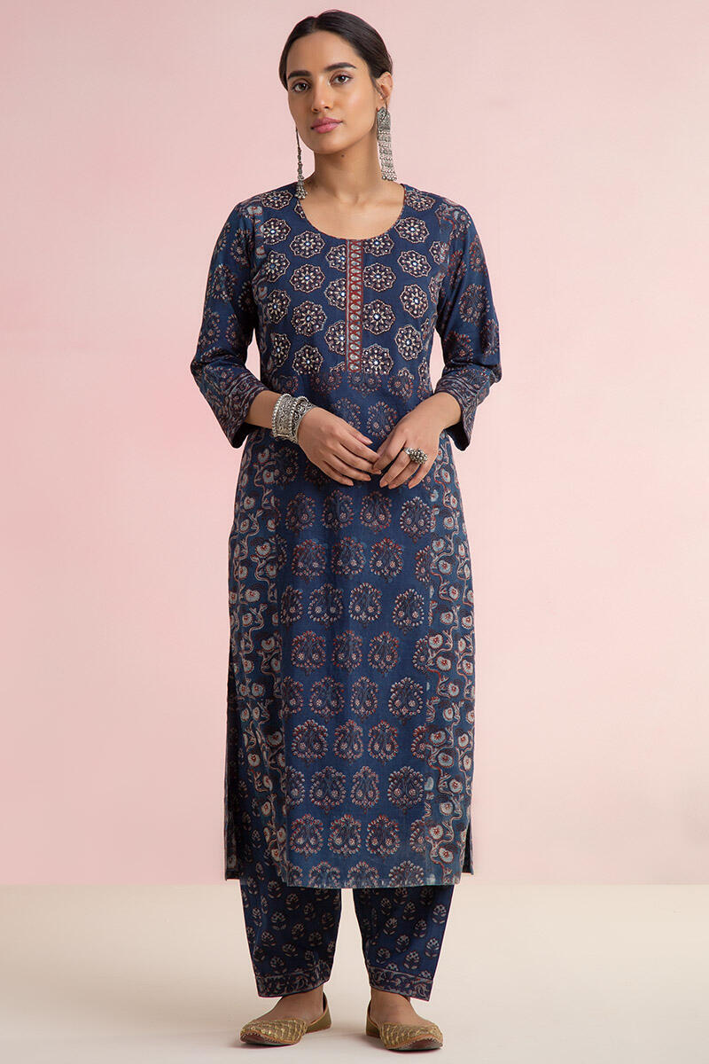 Indigo Block Printed Straight Cotton Kurta