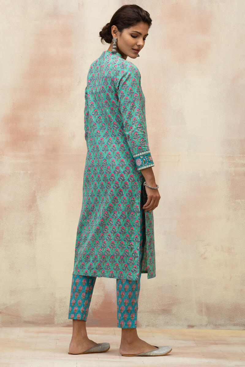 Green Block Printed Straight Cotton Kurta