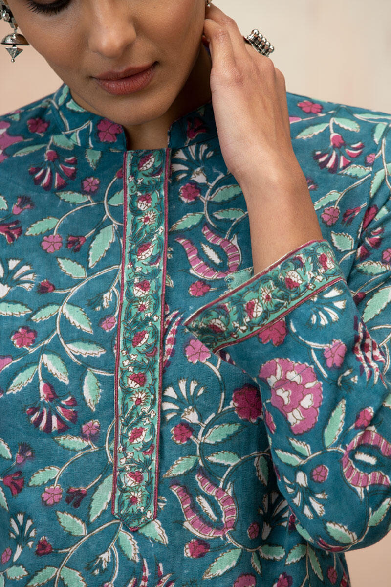 Turquoise Block Printed Straight Cotton Kurta