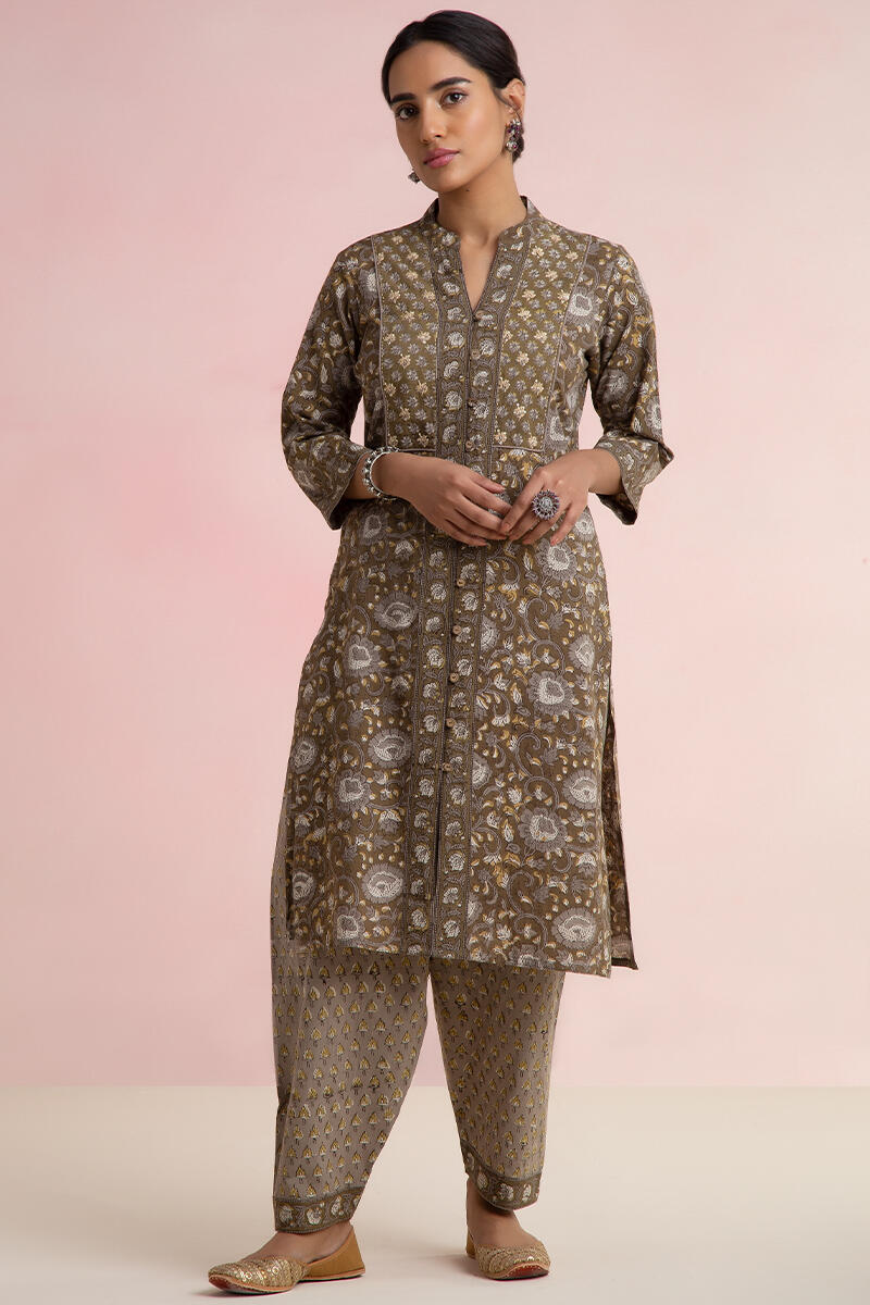 Brown Block Printed Straight Cotton Kurta