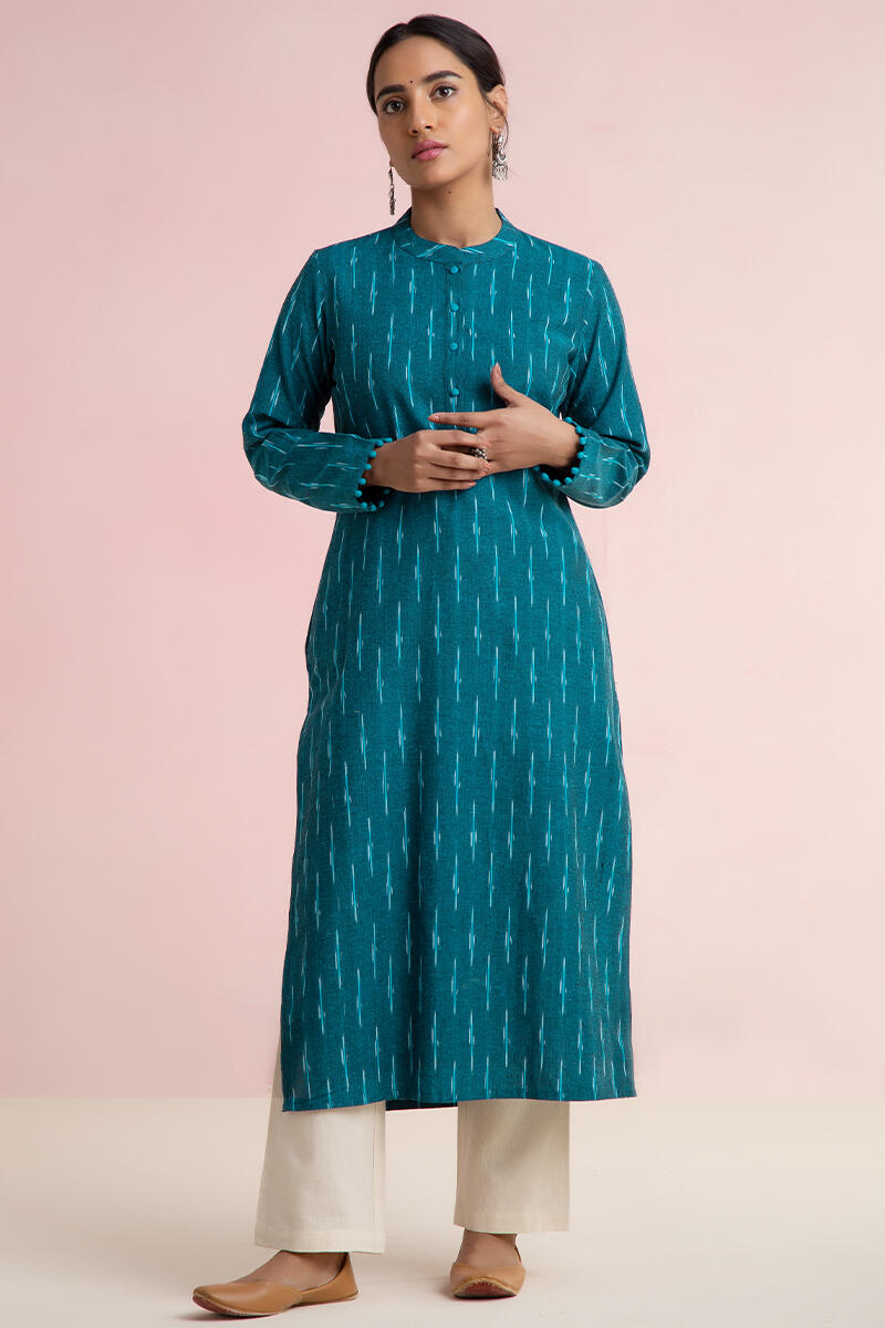 Blue Handcrafted Straight Cotton Kurta