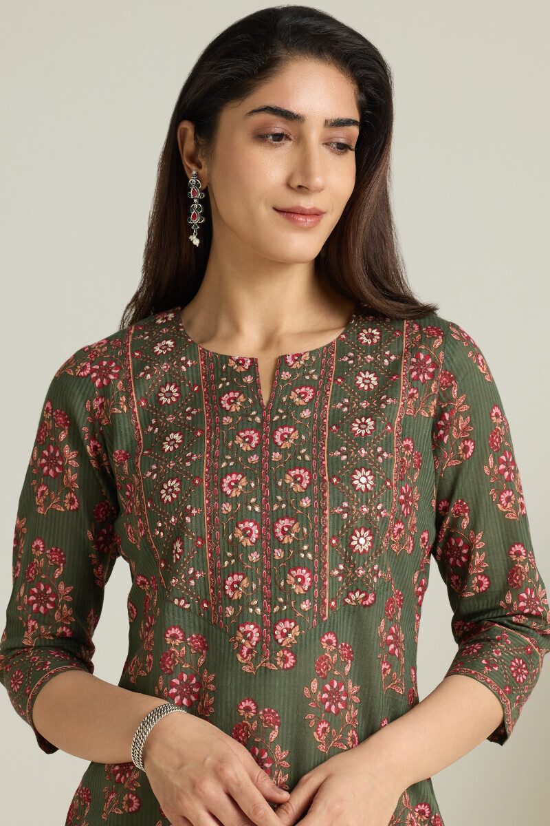 Green Hand Printed Straight Cotton Dobby Kurta