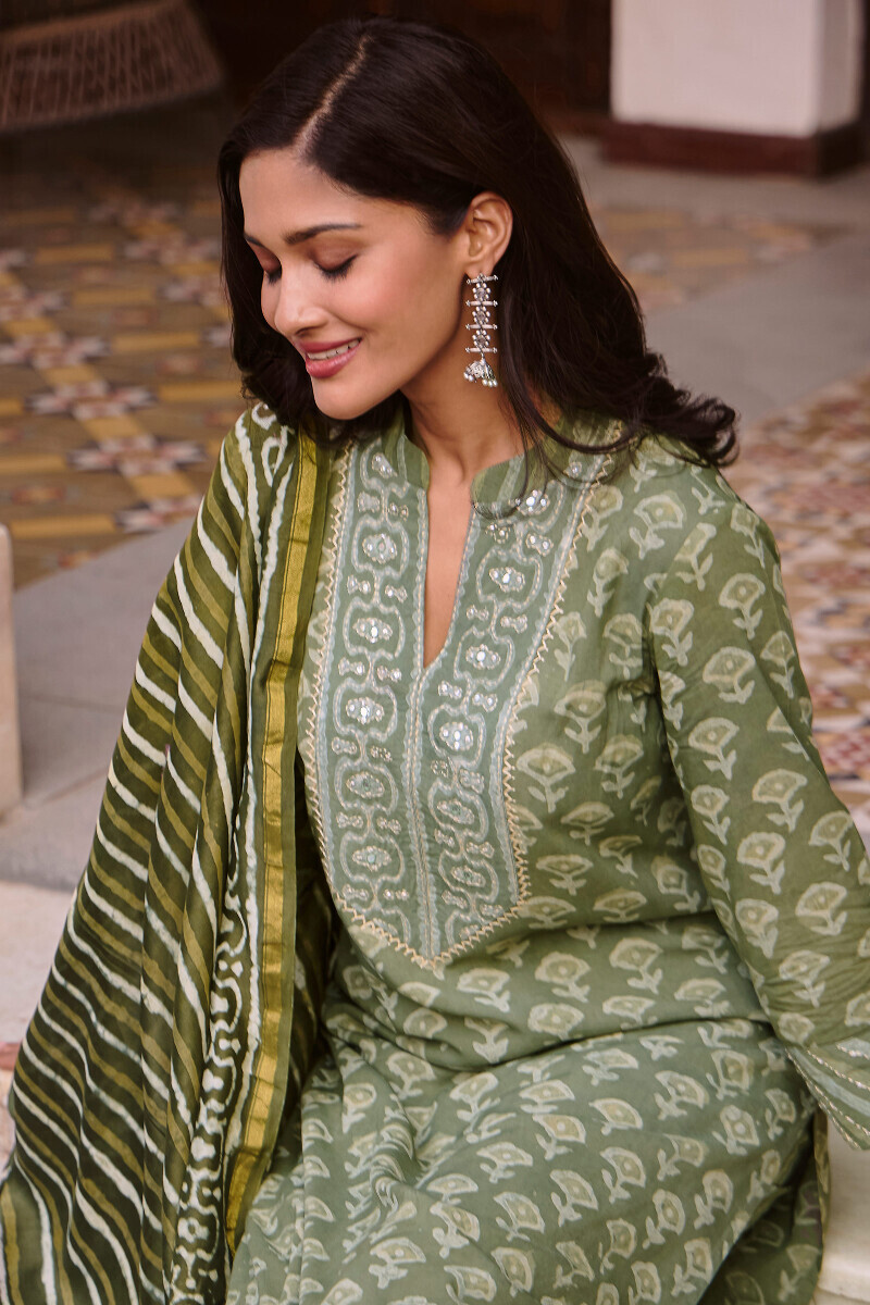 Green Hand Block Printed Straight Modal Kurta