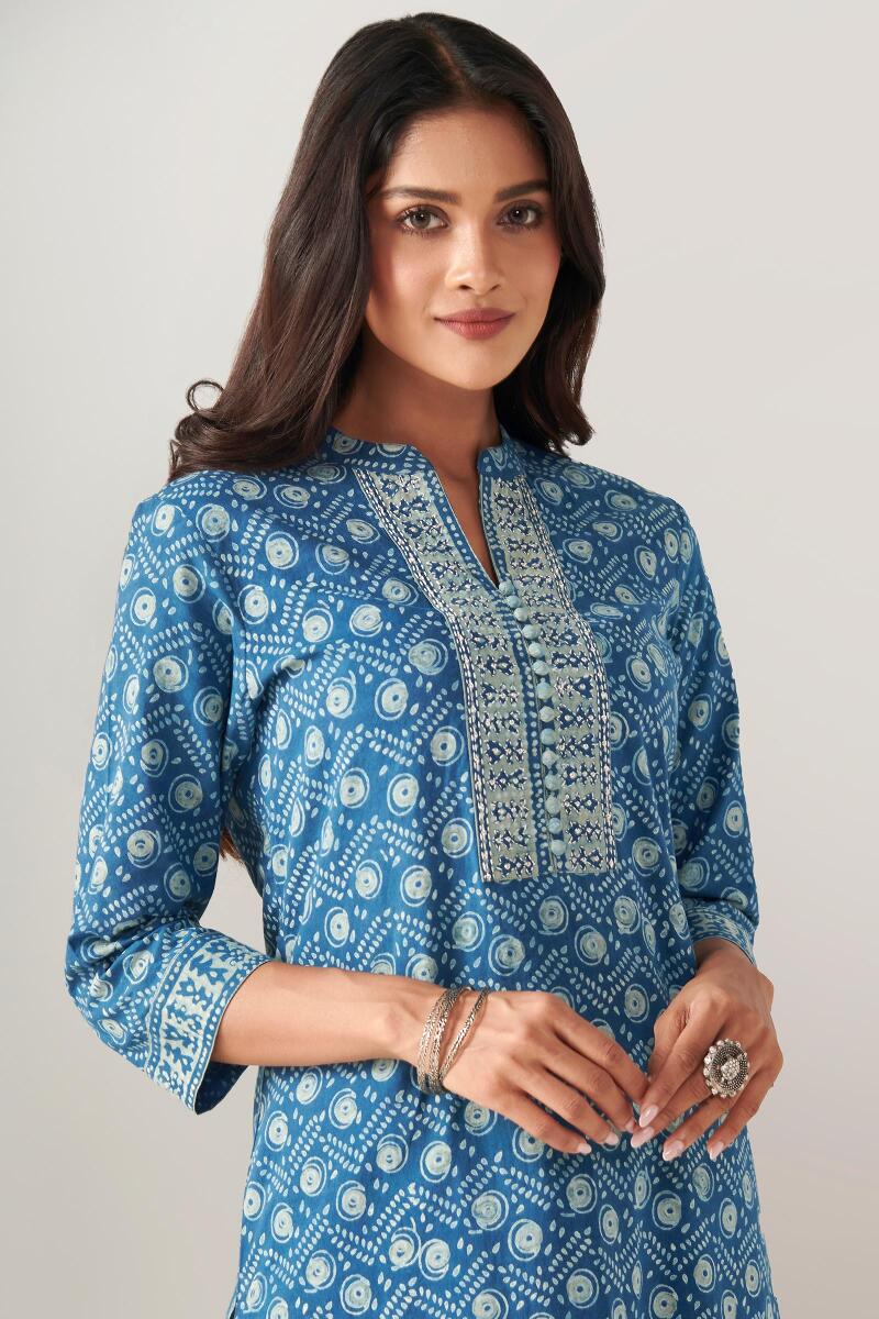 Indigo Block Printed Straight Cotton Kurta