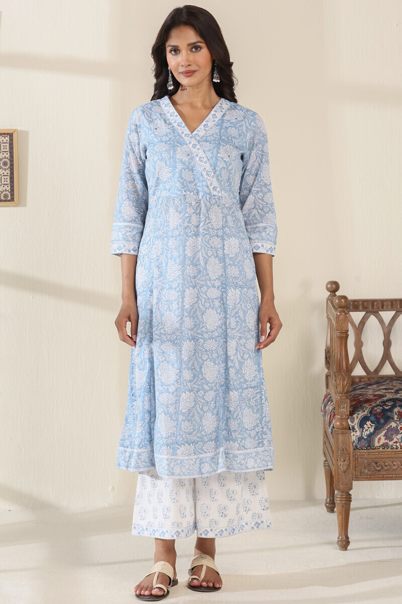 Blue Hand Block Printed A-Line Cotton Mul Kurta