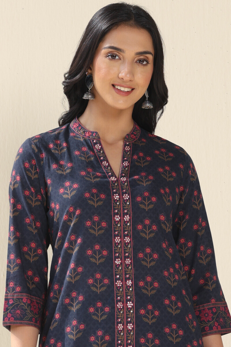 Navy Blue Printed Straight Cotton Kurta
