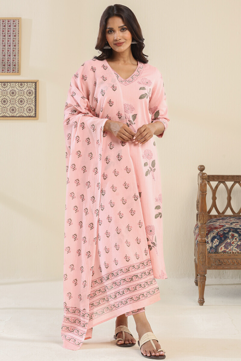 Pink Hand Block Printed Straight Cotton Flax Kurta