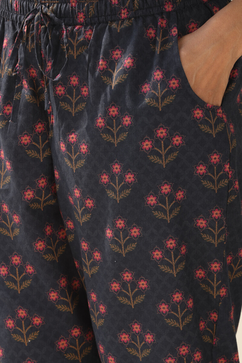 Navy Blue Printed Cotton Narrow Pants