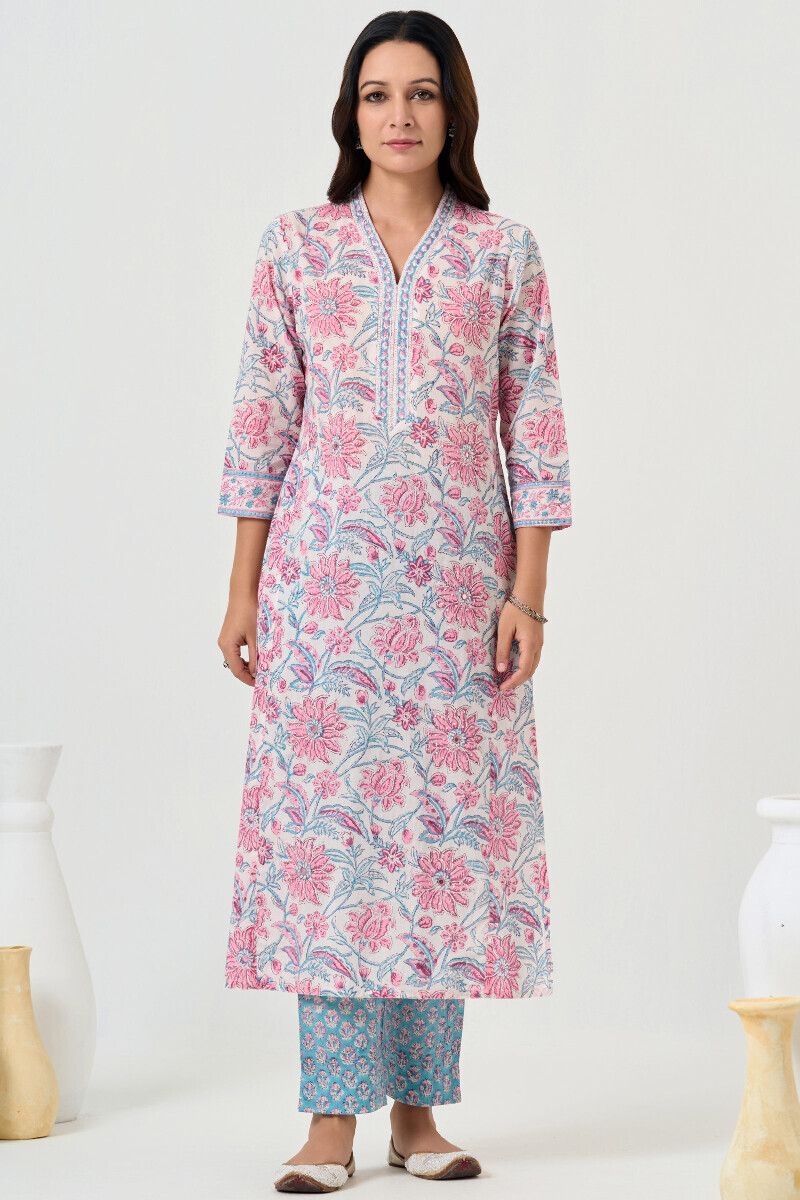 White Hand Block Printed Straight Cotton Kurta