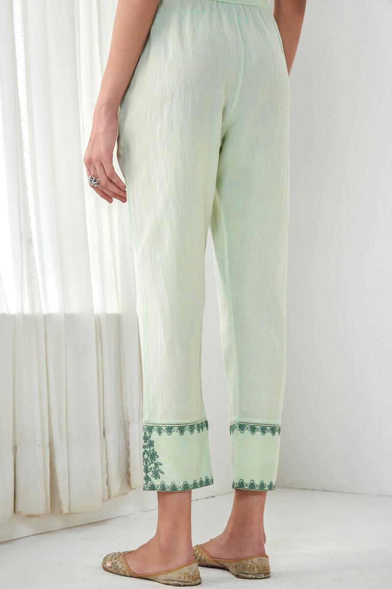 Green Handcrafted Cotton Narrow Pants