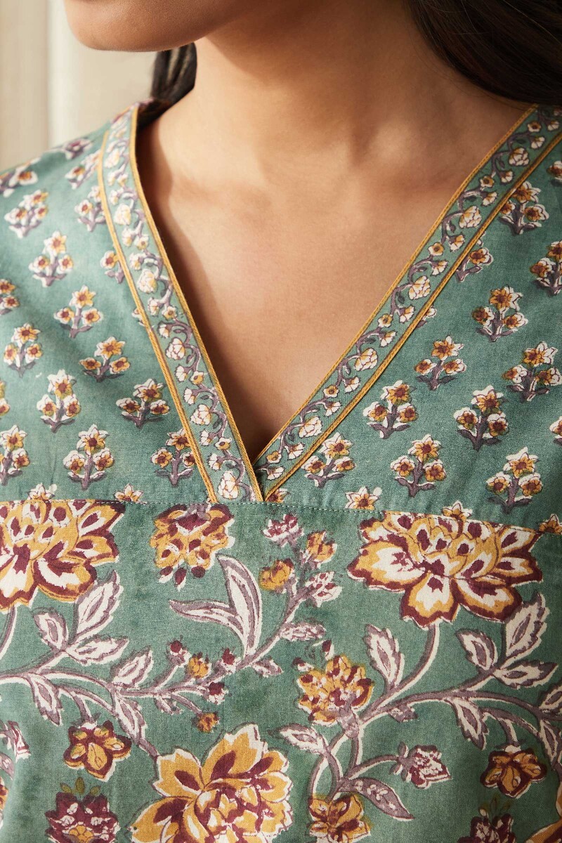 Green Hand Block-Printed Cotton Loungewear Set