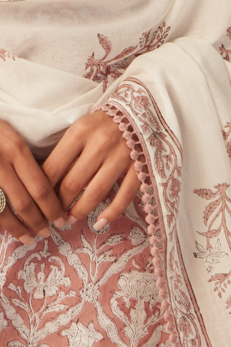 White Hand Block-Printed Cotton Mul Dupatta