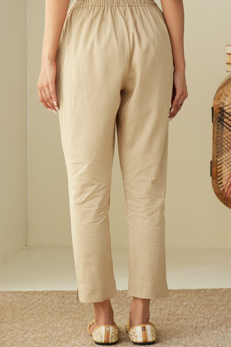 Beige Handcrafted Cotton Flax Narrow Pants