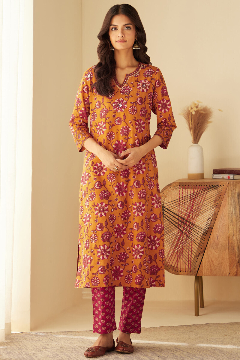 Mustard Hand Printed Straight Cotton Kurta