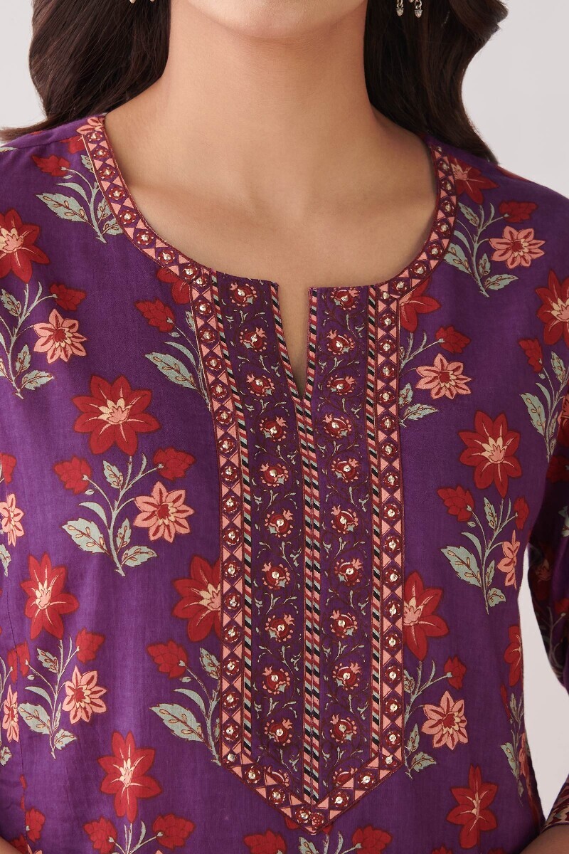 Purple Hand Printed Straight Cotton Kurta