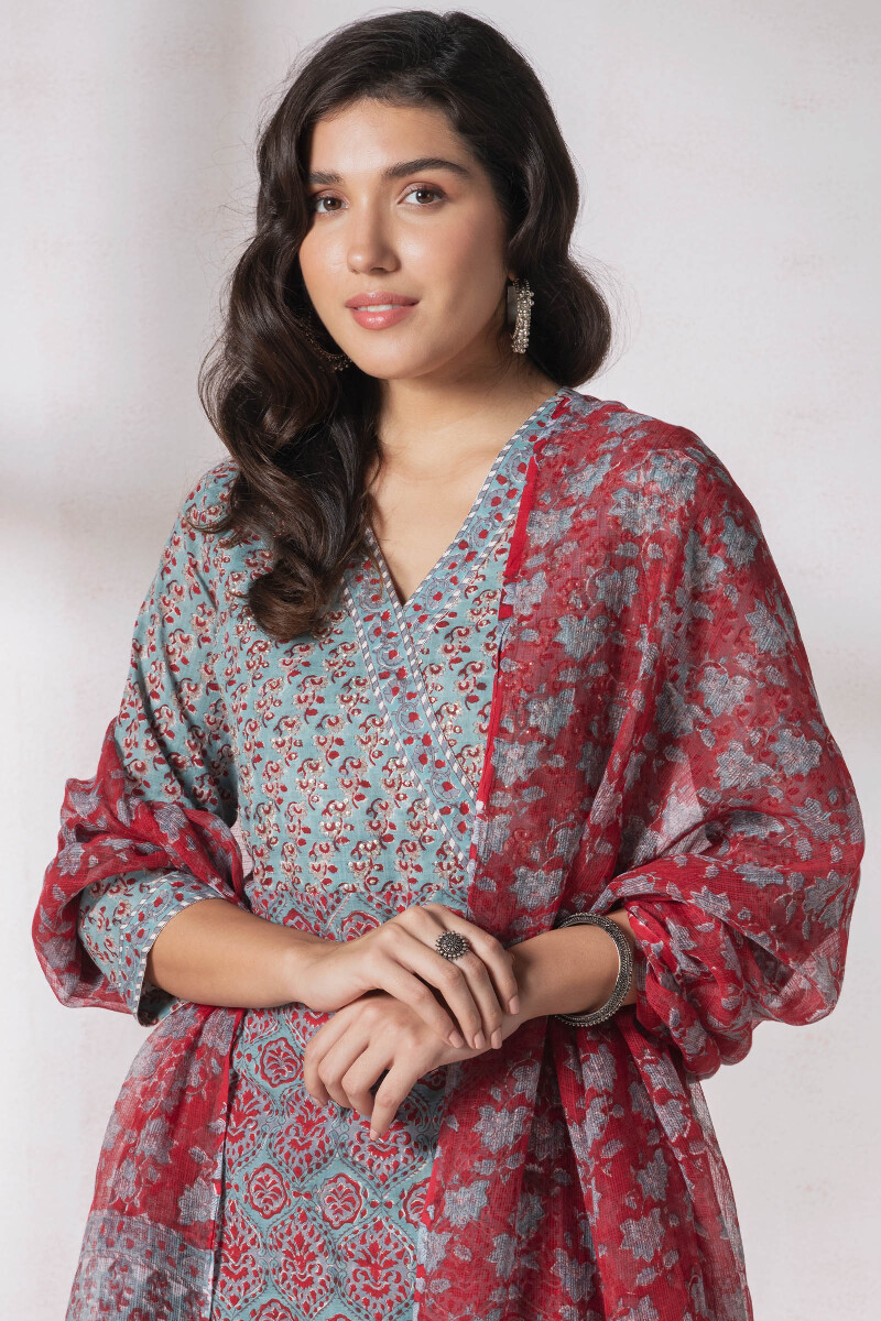 Red Block Printed Kota Dupatta