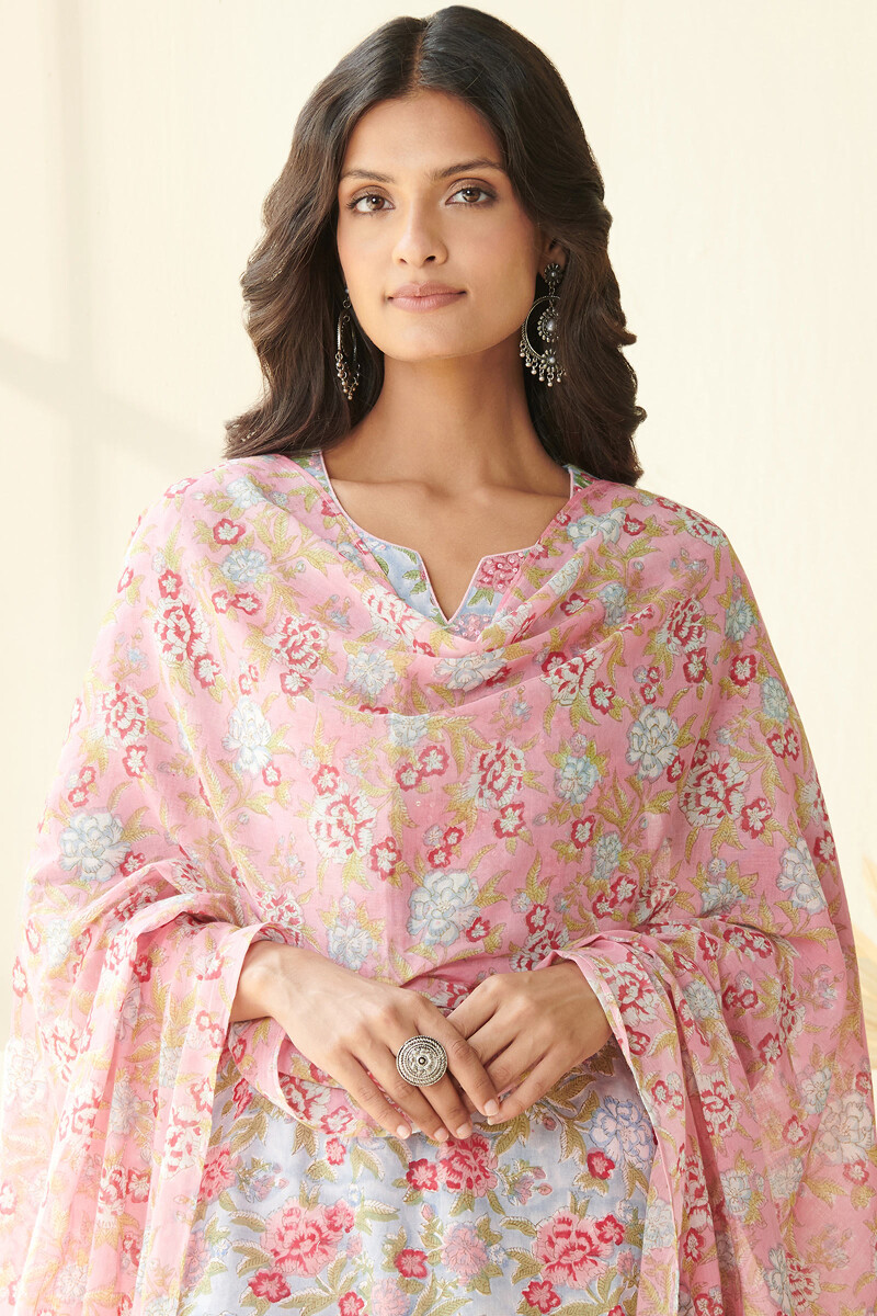 Pink Hand Block Printed Cotton Mul Dupatta