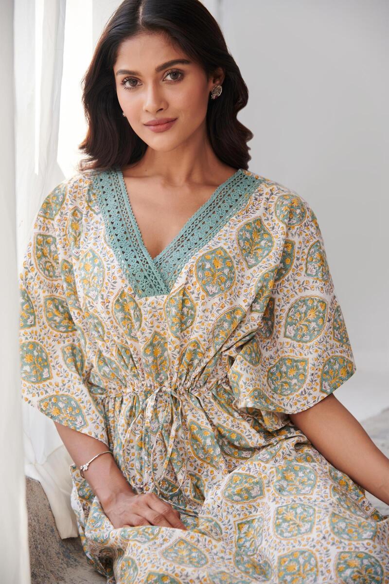 Blue Block Printed Cotton Kaftan