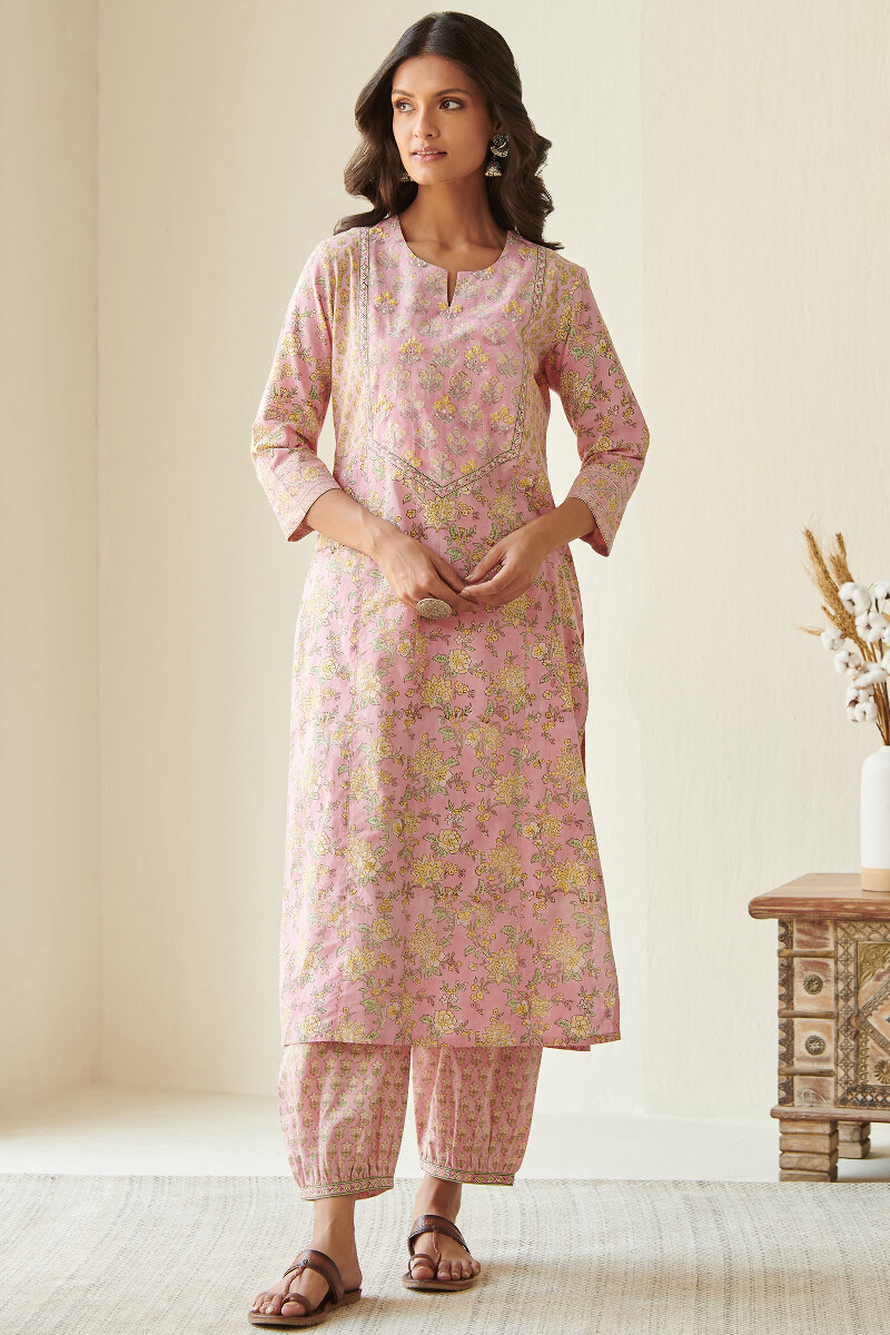 Pink Hand Block Printed Straight Cotton Kurta