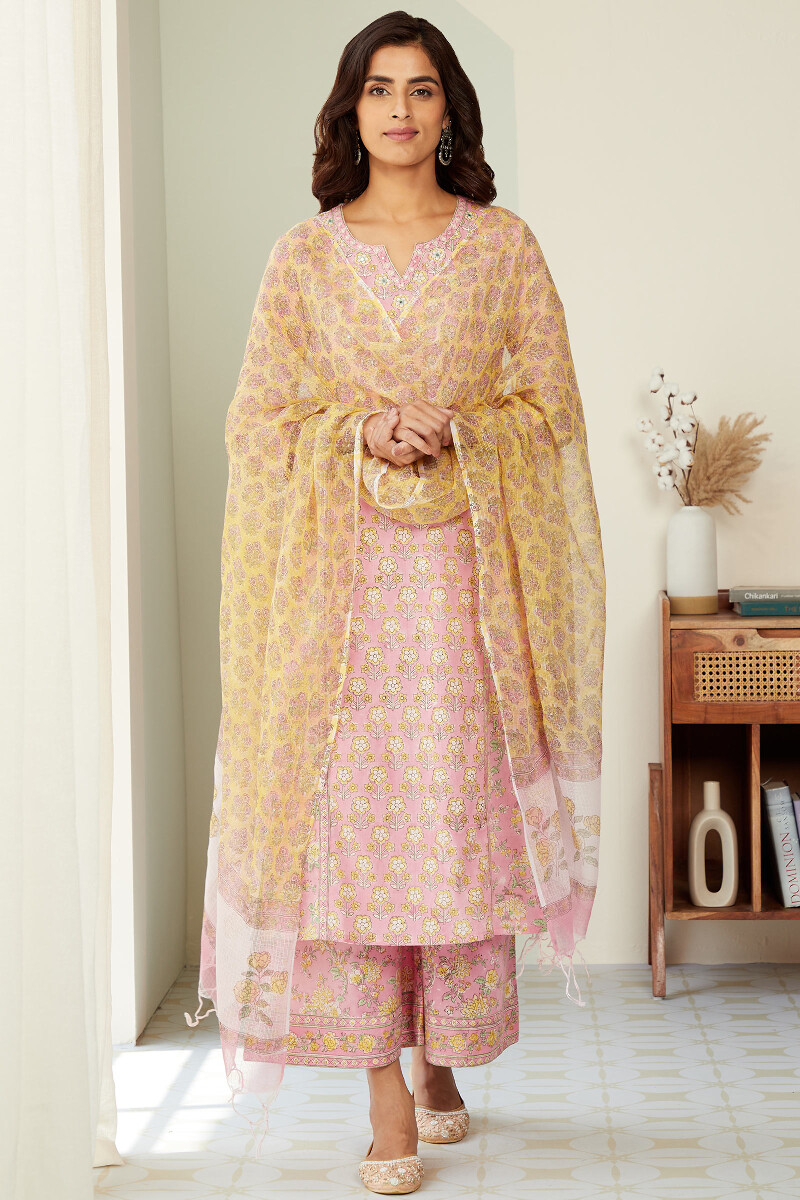 Yellow Hand Block-Printed Kota Dupatta