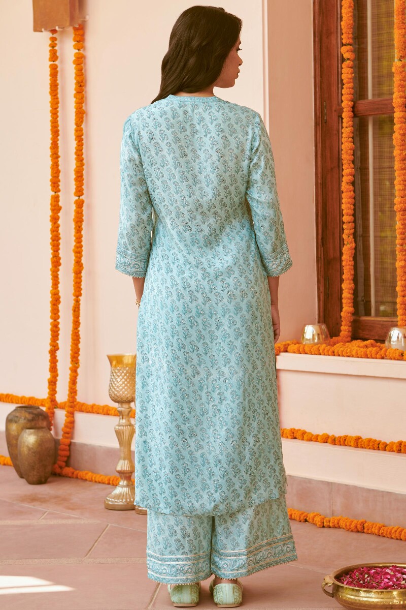 Blue Hand Block-Printed Straight Viscose Kurta