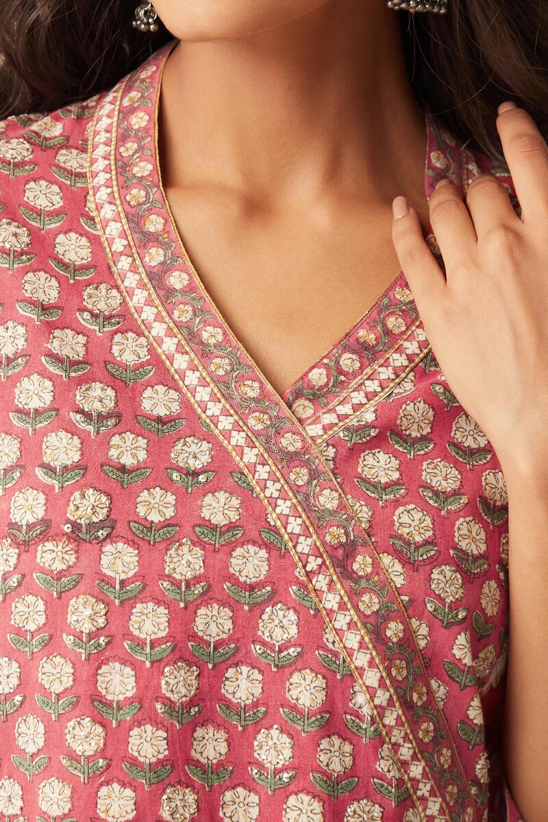 Pink Hand Block-Printed Angrakha Cotton Kurta