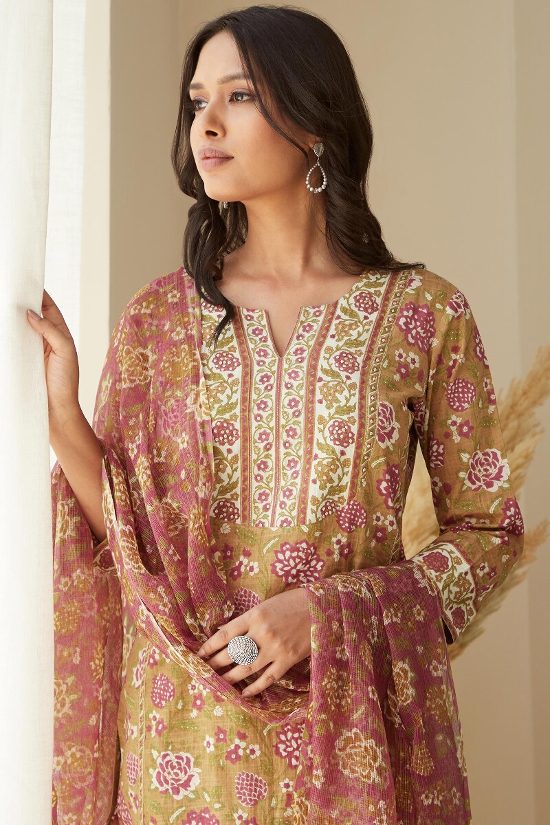 Mustard Hand-Printed Straight Cotton Slub Kurta