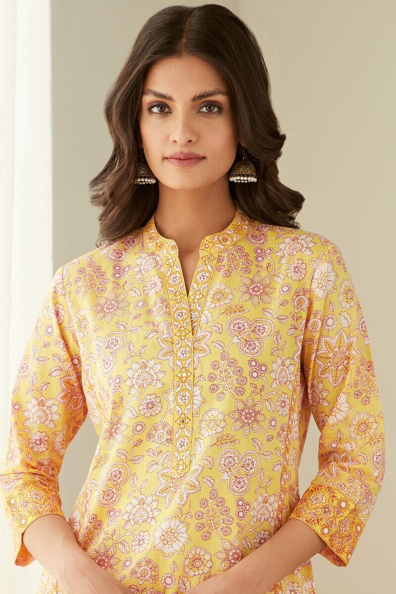 Yellow Hand Printed Straight Cotton Kurta