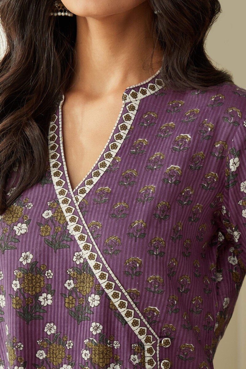 Purple Hand Printed Angrakha Cotton Dobby Kurta