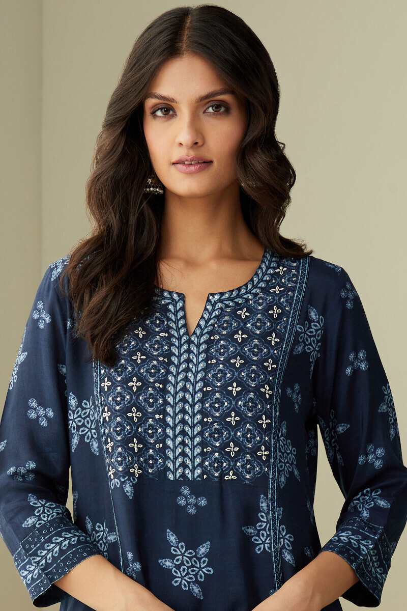 Blue Printed Straight Viscose Kurta