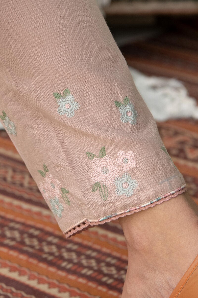 Pink Handcrafted Cotton Flax Narrow Pants