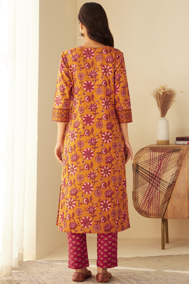 Mustard Hand Printed Straight Cotton Kurta