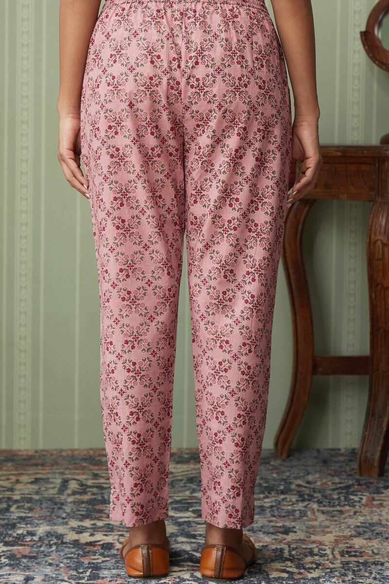 Pink Hand Printed Cotton Narrow Pants